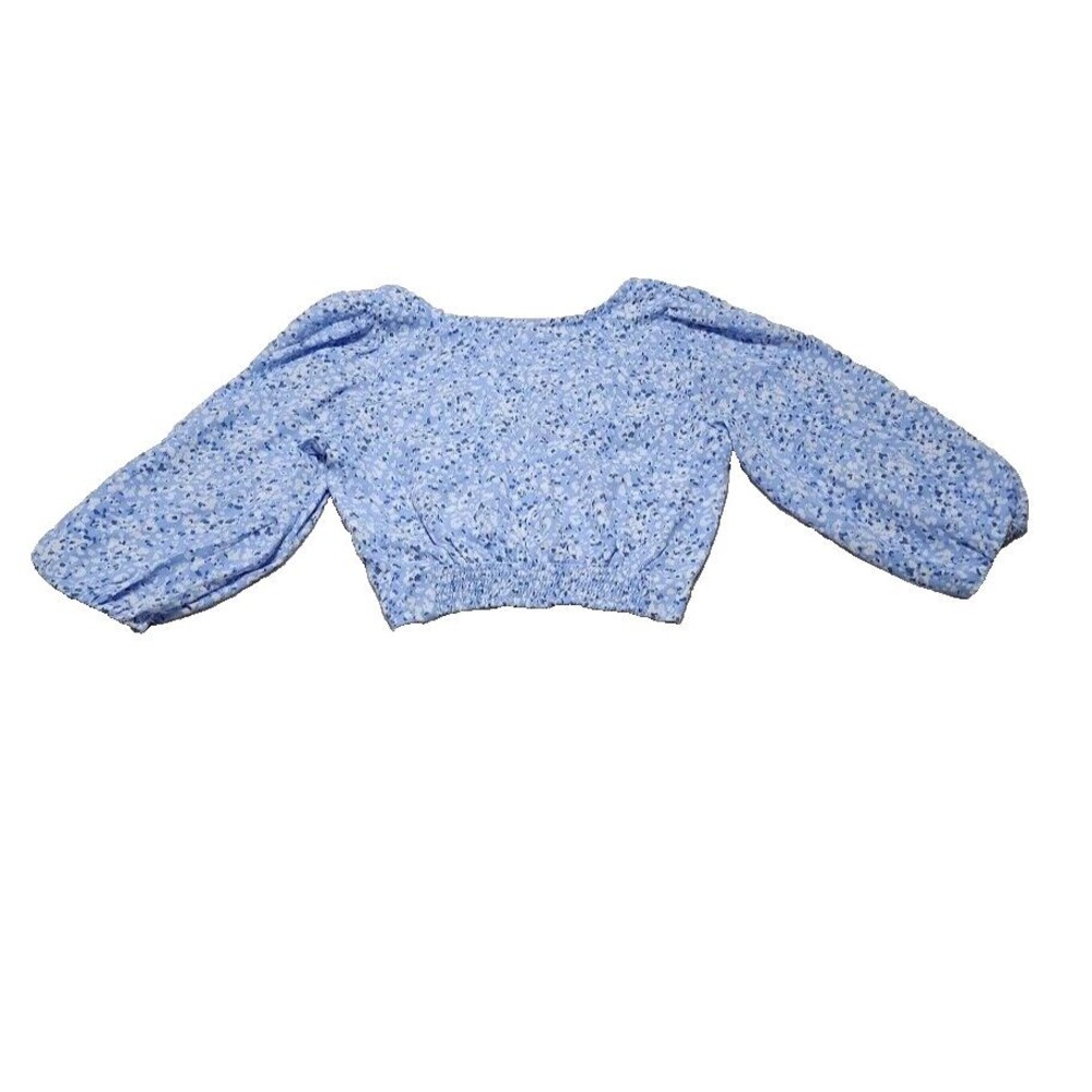 Abercrombie and Fitch Sz Medium Knot Front Puff Sleeve Top Blue Cropped Elastic - Picture 9 of 9